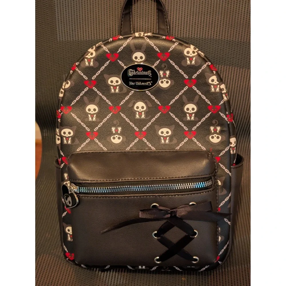 Her Universe Skelanimals Mini Backpack Black Gothic Skull Hearts Vegan Leather